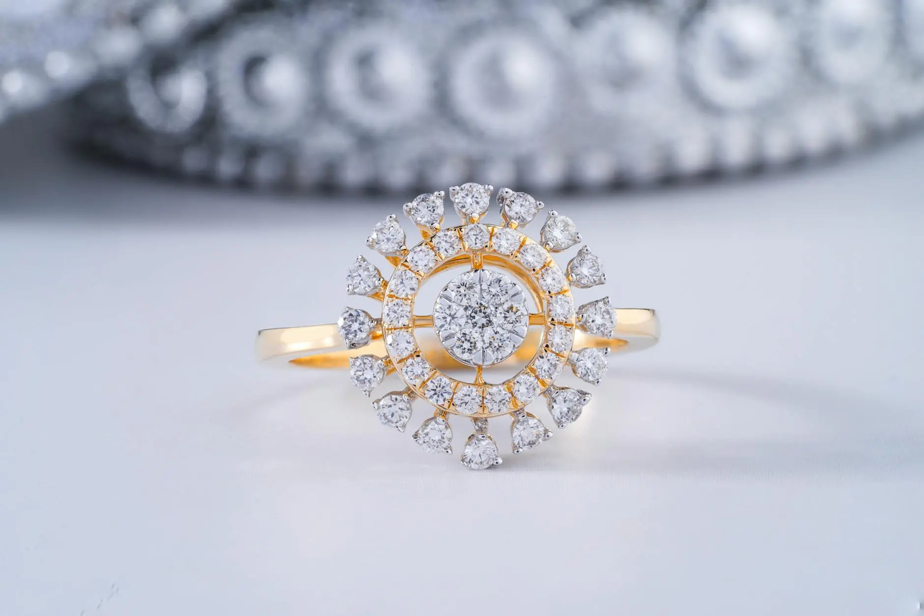 Stunning close-up of a diamond engagement ring showcasing intricate design and brilliance.