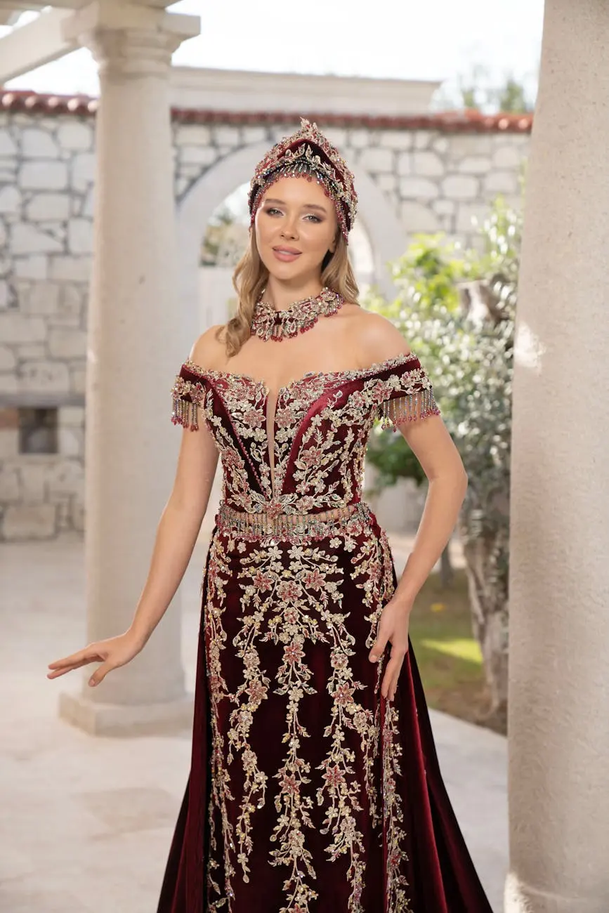 Elegant woman in an ornate traditional Turkish dress photographed outdoors in Izmir.