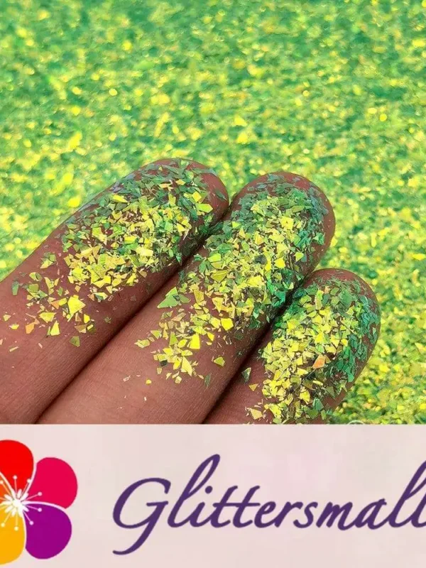 High Brightness Green Iridescent Cellophane Glitter Shards (Flakes) FC333 2x2
