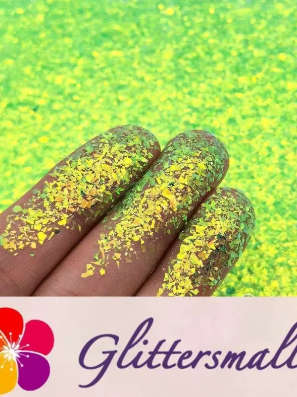 Fluorescent Green High Brightness Iridescent Cellophane Glitter Shards (Flakes) FC333A 2x2