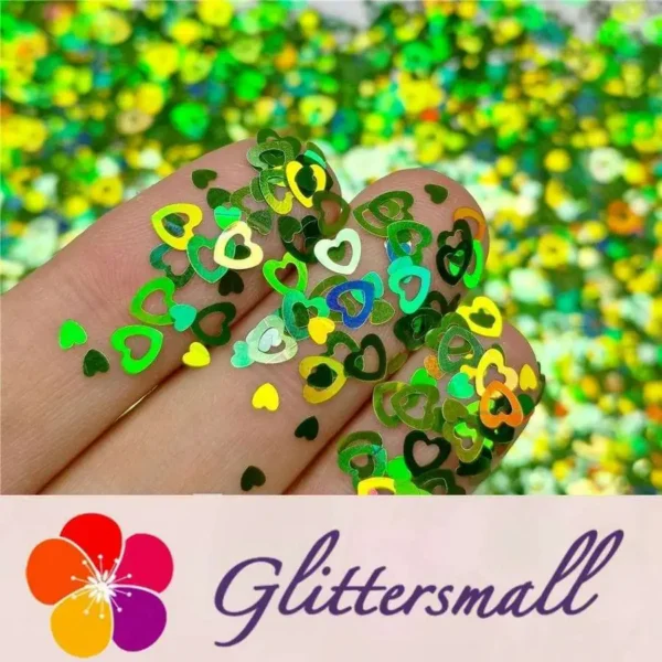 IMG_20191102_153331_b673532e-6ecc-4455-a2a6-eb2386f1599c.webp 4mm Holographic Green Hollow Out Heart Shaped Glitter LB0601