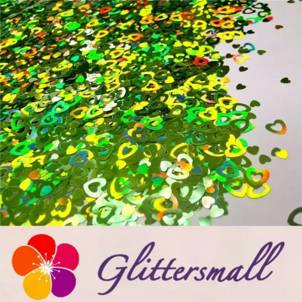 IMG_20191102_153405_00e069af-e2d3-4ebc-9f6e-3793c7a302bc.webp 4mm Holographic Green Hollow Out Heart Shaped Glitter LB0601
