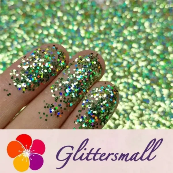 IMG_20191129_141852.webp 0.8mm Hexagon Cosmetic Grade Holographic Green Glitter SLG008