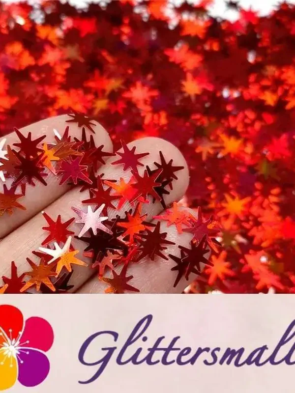 9mm Eight Pointed Star Shapes Laser Red Glitter LB0300