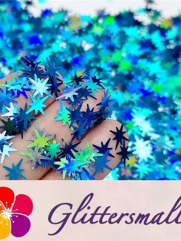 9mm Eight Pointed Star Shapes Laser Sky Blue Glitter LB0700