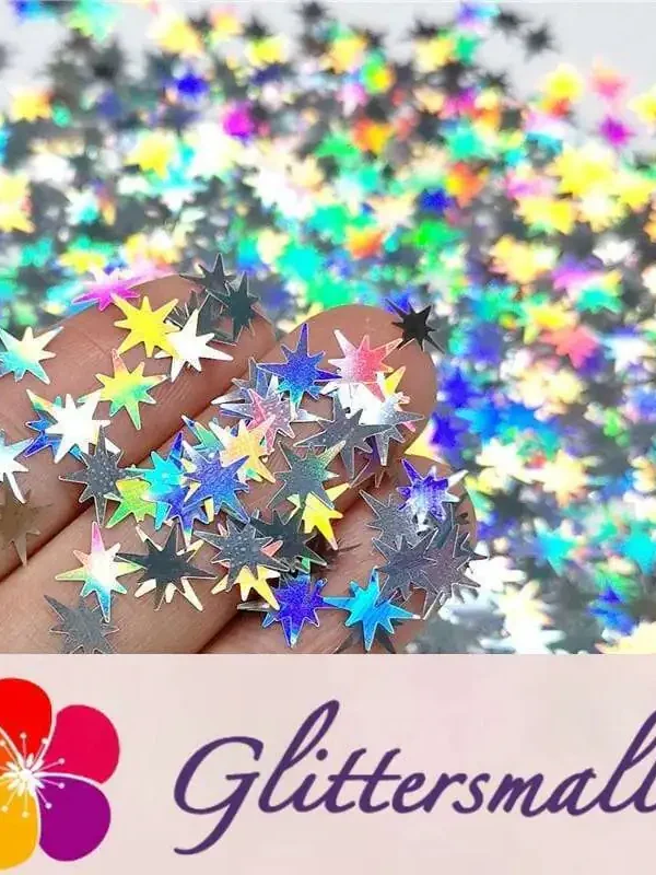 IMG_20200124_204033_cbf13ca3-bf36-4db6-af60-4ec1daf93f03.webp 9mm Eight Pointed Star Shapes Laser Silver Glitter LB0100