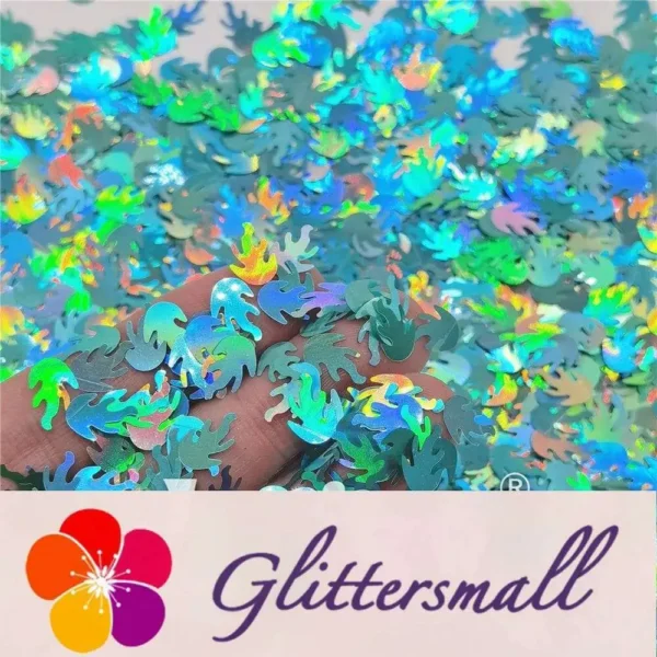 9mm Flame Or Fire Shaped Holographic Teal Green Glitter LB0702