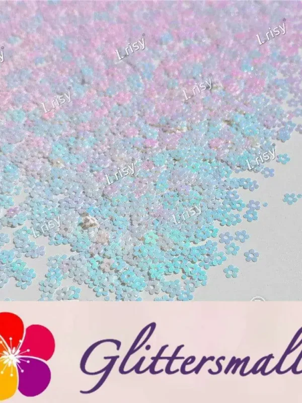 4mm Hollow Out Plum Flower Shaped Iridescent Ice Blue Glitter C021R