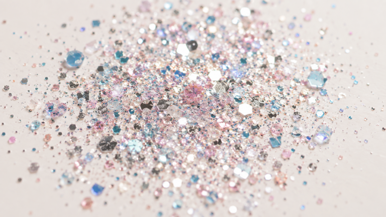 Illustrative macro photograph of decorative glitter particles in blue, pink, silver, and translucent finishes