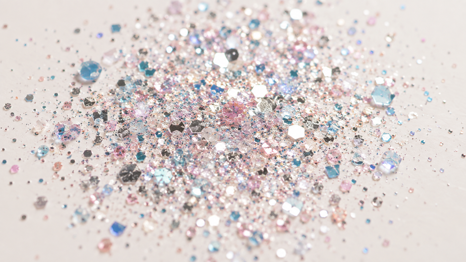 Illustrative macro photograph of decorative glitter particles in blue, pink, silver, and translucent finishes